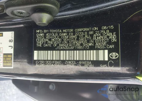 2015 Toyota Prius Two from USA, damaged, VIN JTDKN3DU6F1985173